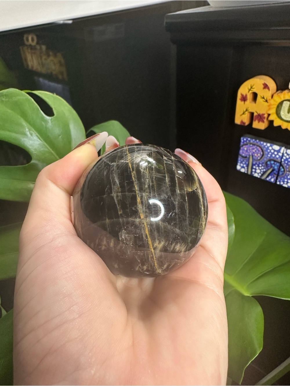 Polished Black and Gold Crystal Sphere - Black Moonstone with Gold Iron Veins